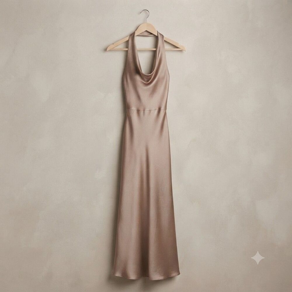 Zara Open Back Satin Halter Maxi Dress Beige Women's Size M NWT 8500/331